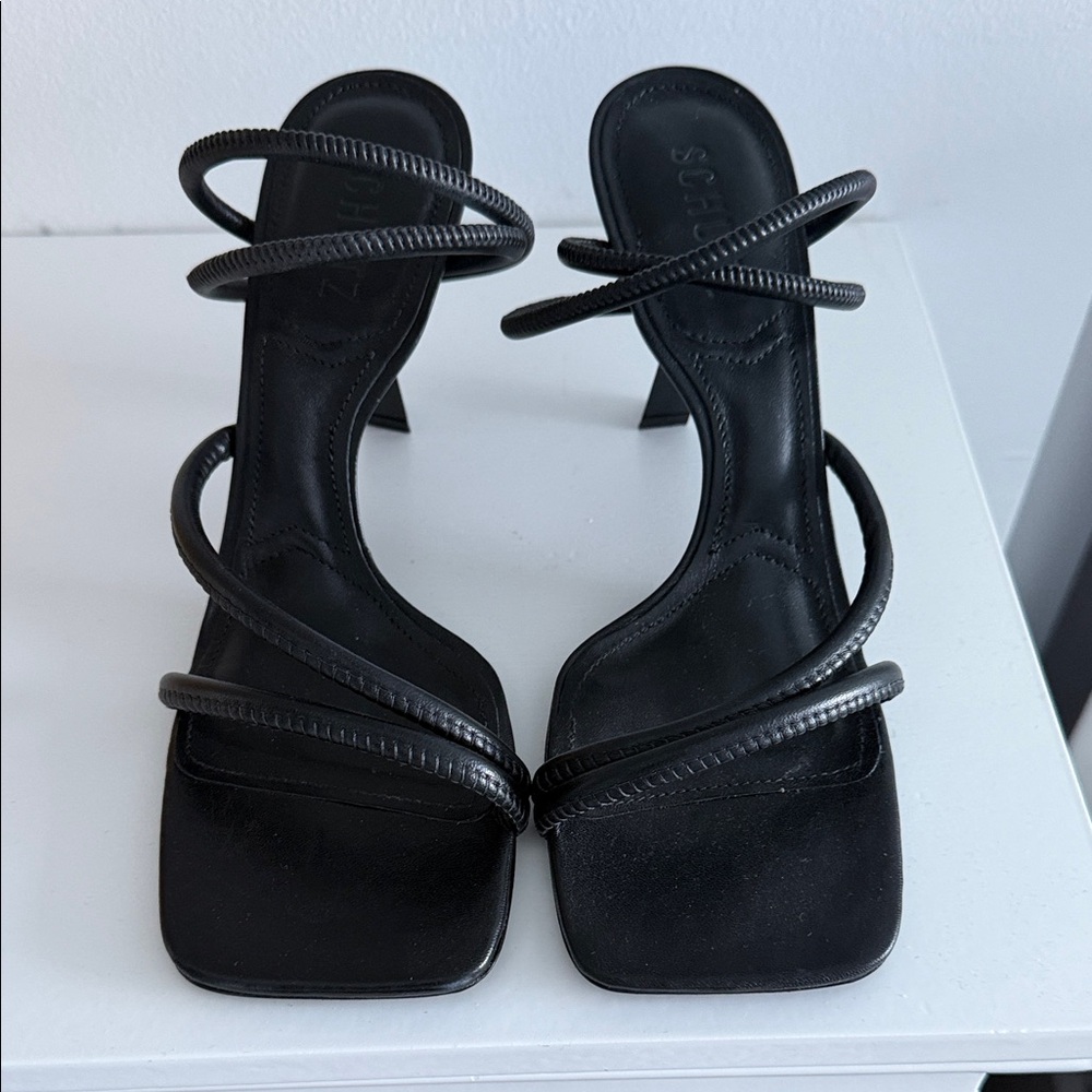 SCHUTZ Black Spiraled Strap Square-Toe Heels - Picture 3 of 6
